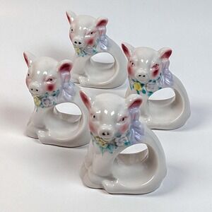 Vintage Ceramic Pig Napkin Rings Set of 4 Floral Wreath Bow Farmhouse Decor